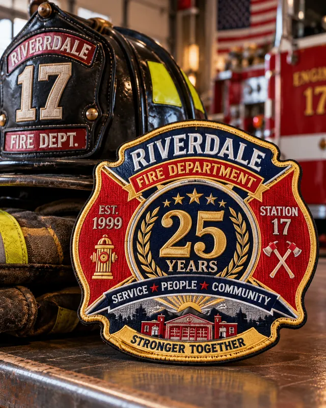 Embroidered Riverdale Fire Department 25 Years anniversary patch with gold lettering, laurel wreath and firehouse scene beside a firefighter helmet
