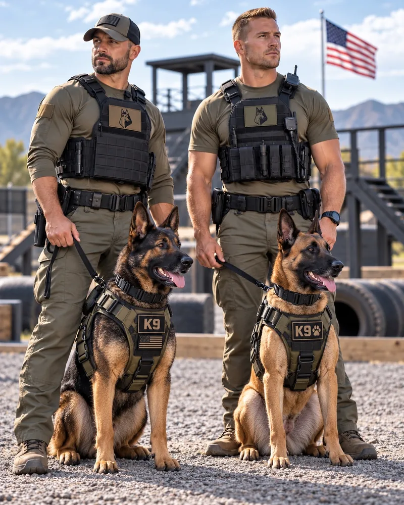 Illustrative two K9 handlers with working dogs wearing K9 patches at an outdoor training facility