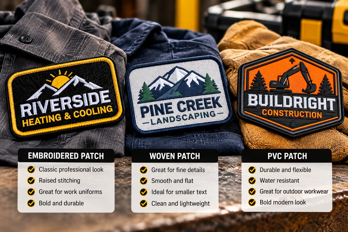 Comparison of embroidered woven and PVC custom patches for company work uniforms