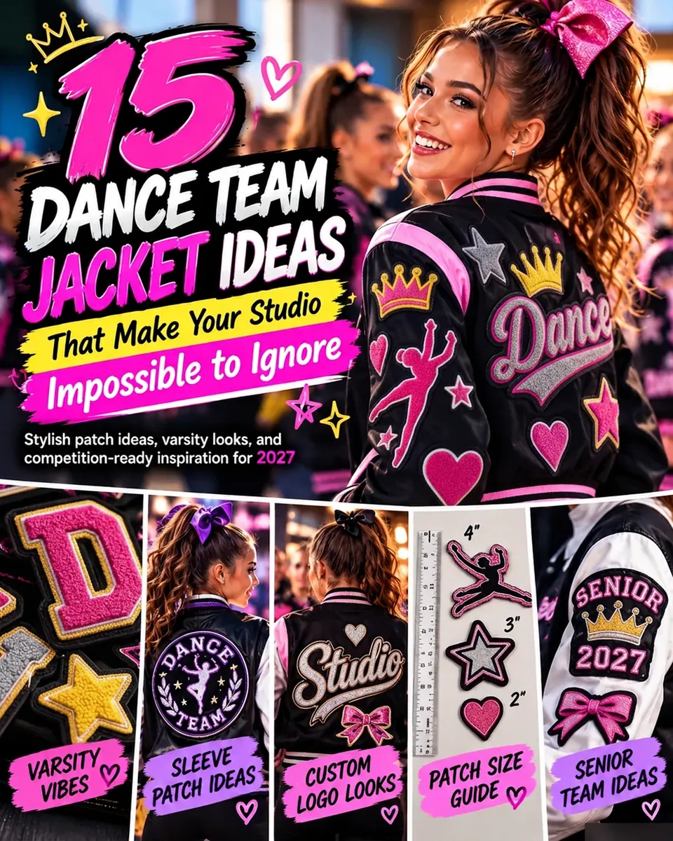 15 dance team jacket ideas cover: dancer in a black and pink varsity jacket with embroidered and chenille team patches