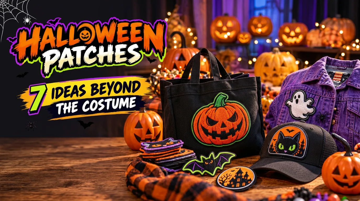 Custom Halloween patches: embroidered jack-o'-lantern tote, ghost denim jacket, black cat cap, bat and haunted house patches | 6Six Needles