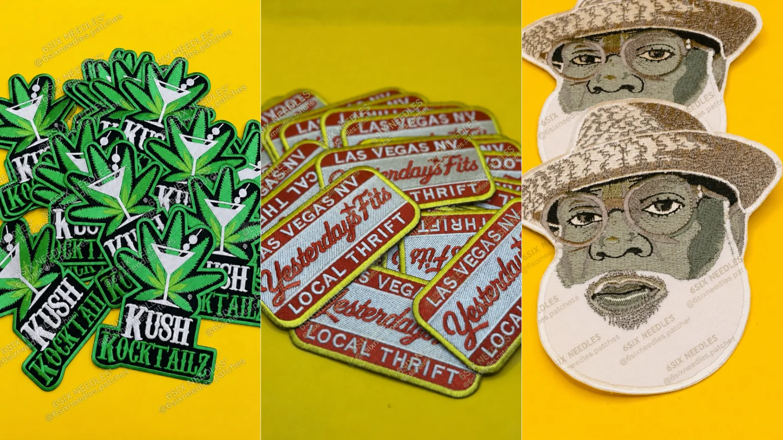Three finished 6Six Needles embroidered patch designs showing detailed lettering, shapes, and production-ready edges.