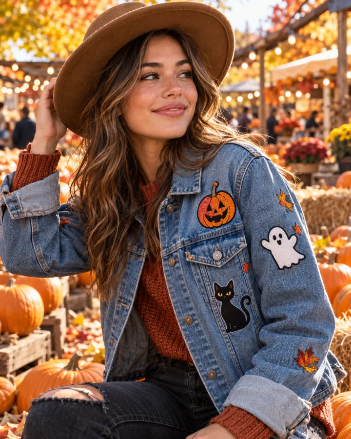 Woman wearing a denim jacket decorated with embroidered Halloween pumpkin, ghost and black-cat patches at a fall market.