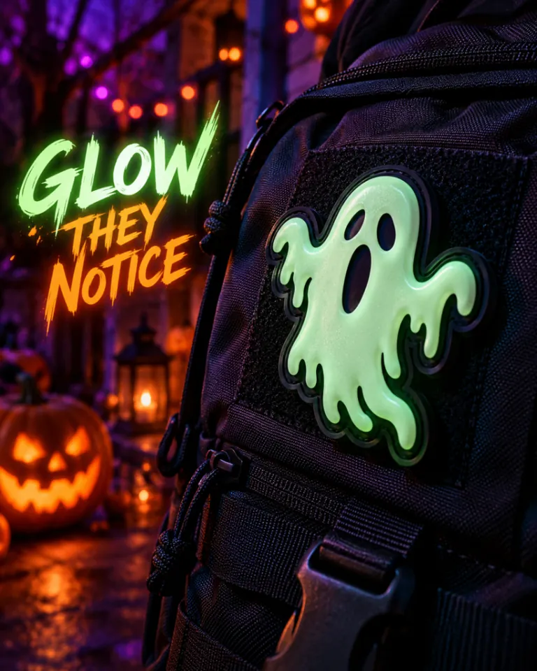 Glow in the dark ghost patch on backpack for Halloween merchandise
