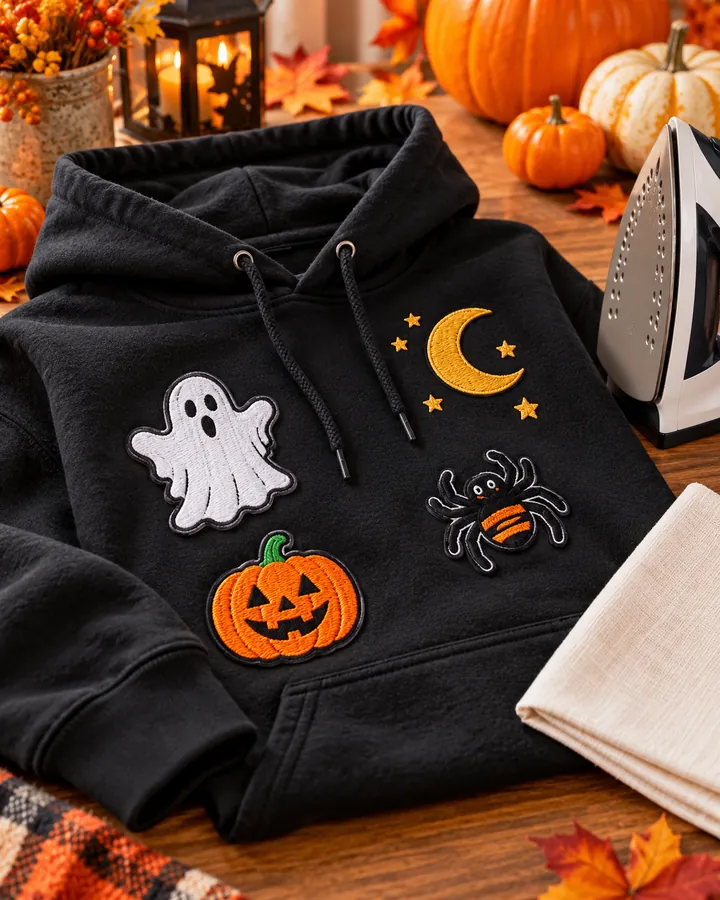 Black cotton hoodie featuring embroidered ghost, pumpkin, spider and crescent-moon Halloween designs.
