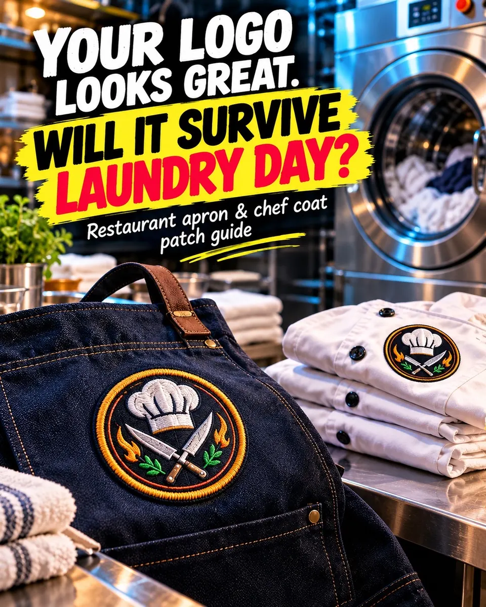 Embroidered chef hat and crossed knives patch on a denim apron and white chef coats beside a commercial washer, restaurant apron and chef coat patch guide