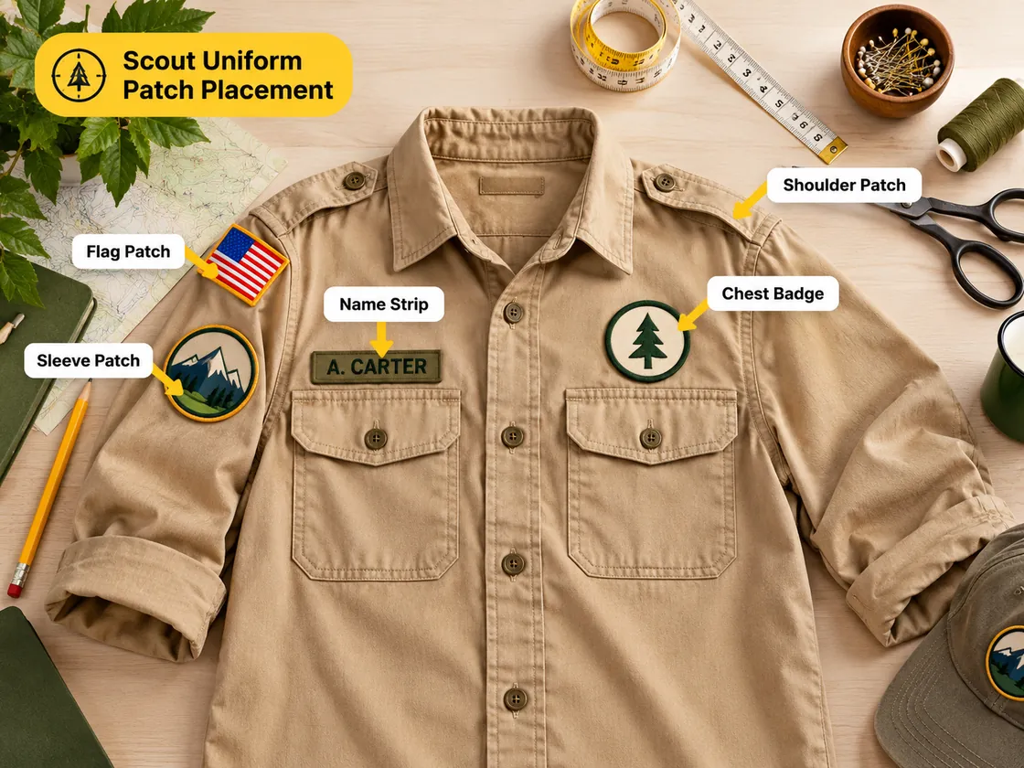 Tan Scout-style shirt with labeled flag, sleeve, shoulder, name strip and chest badge patch positions