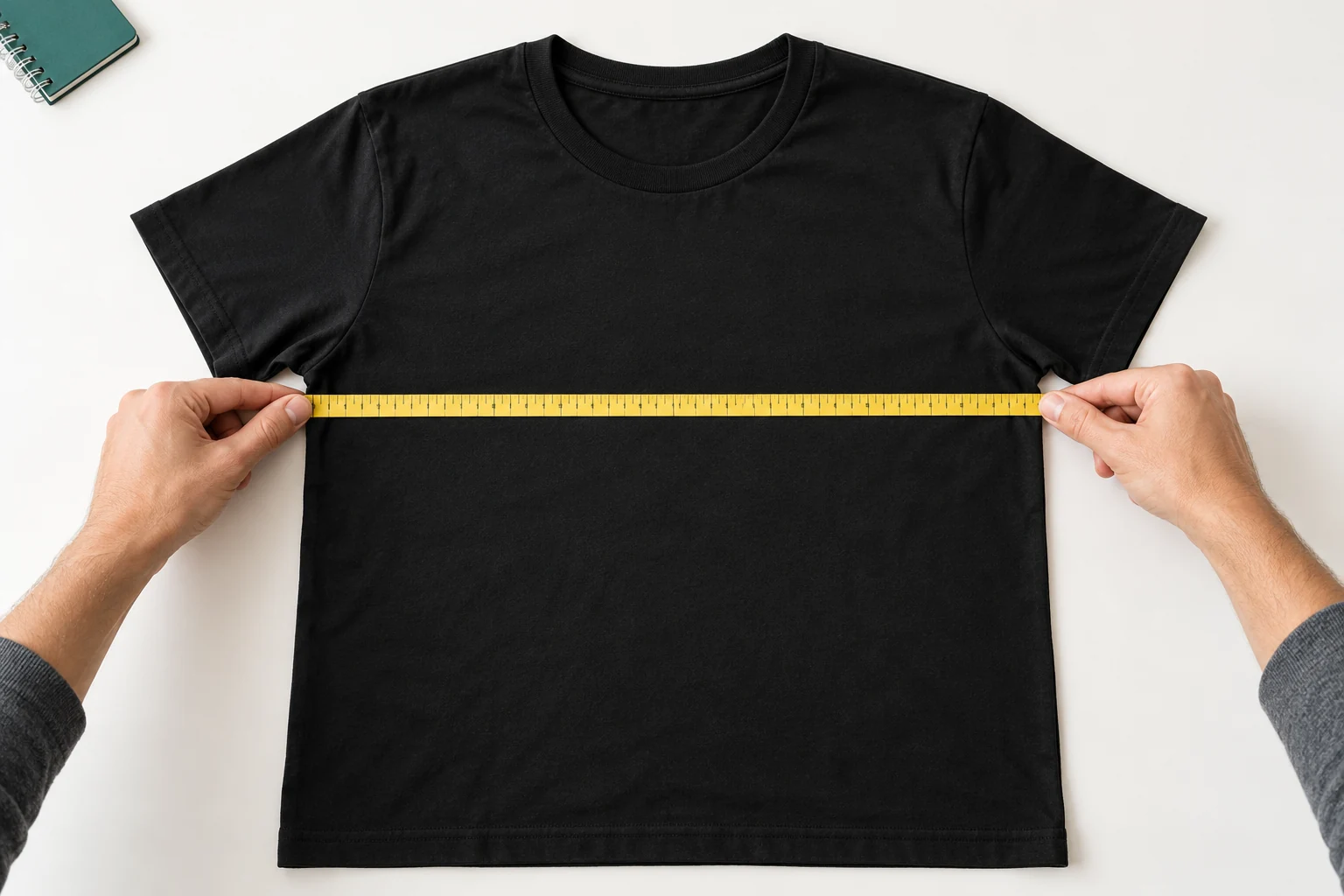 Hands holding a yellow tape straight across a black T-shirt laid flat below its armholes.