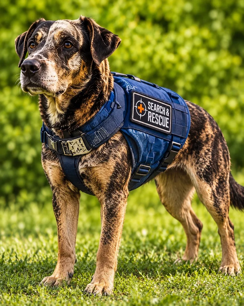 Illustrative brindle search-and-rescue dog wearing a blue harness with a SEARCH & RESCUE patch