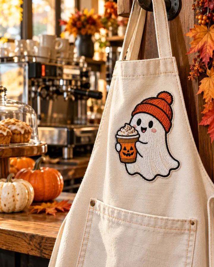 Café apron decorated with an embroidered ghost holding a pumpkin-themed coffee drink.