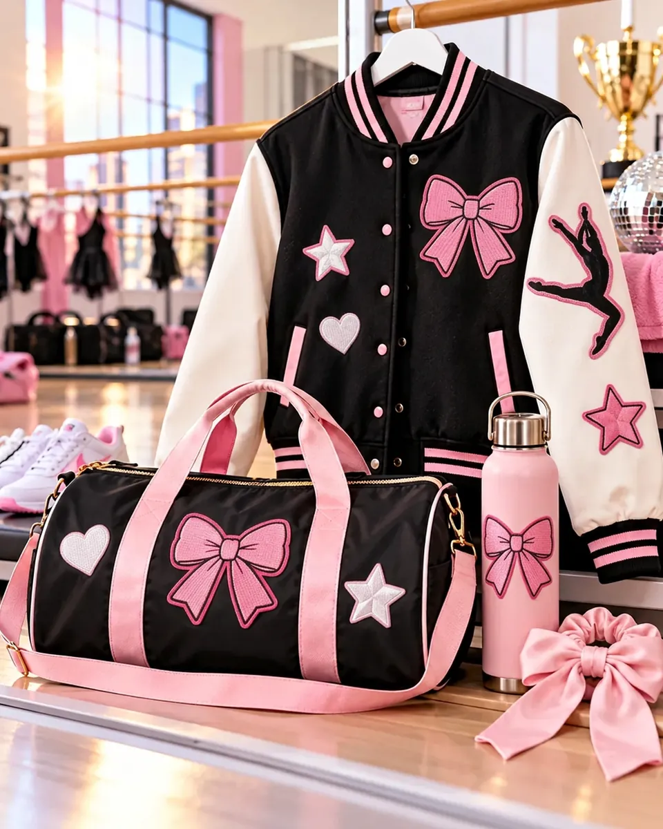 Matching dance team varsity jacket and duffel bag decorated with the same bow, heart and star patches