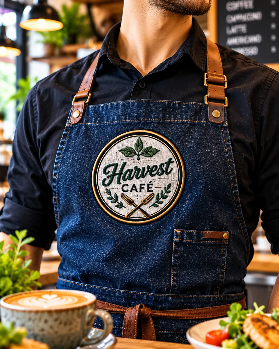 Embroidered Harvest Cafe logo patch centered on a denim apron bib above the chest pocket