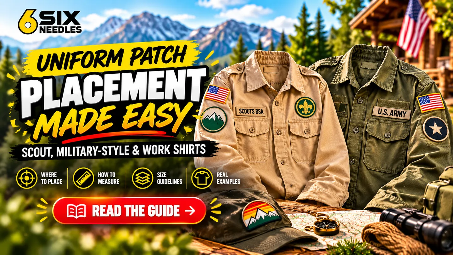 Uniform patch placement made easy: Scout-style and military-style shirts with flag and sleeve patches, by 6Six Needles