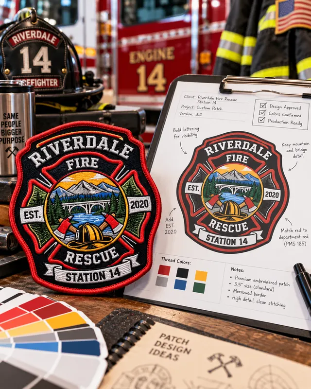 Finished embroidered Riverdale Fire Rescue Station 14 patch next to its design artwork on a clipboard, thread color swatches and a sketchbook