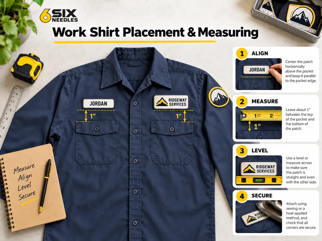 Navy work shirt with a name patch and company logo patch about one inch above each pocket, with align, measure, level and secure steps