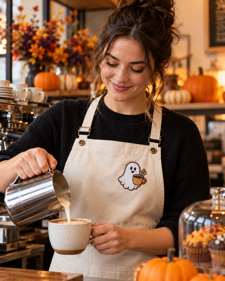 Barista wearing a custom Halloween patch apron in a fall-themed coffee shop