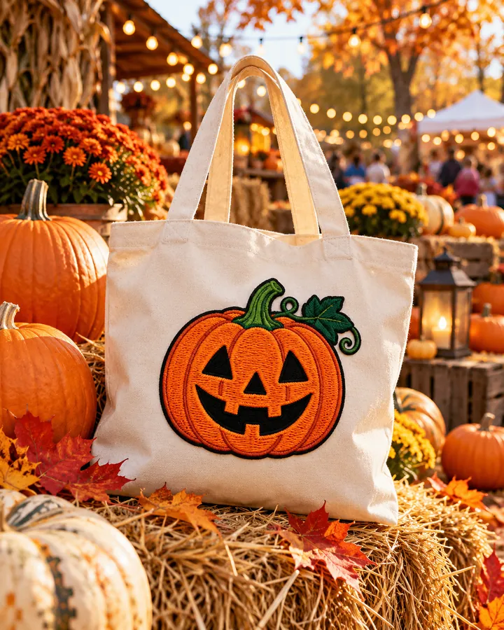 Reusable canvas tote with a large embroidered jack-o’-lantern patch at an autumn market.
