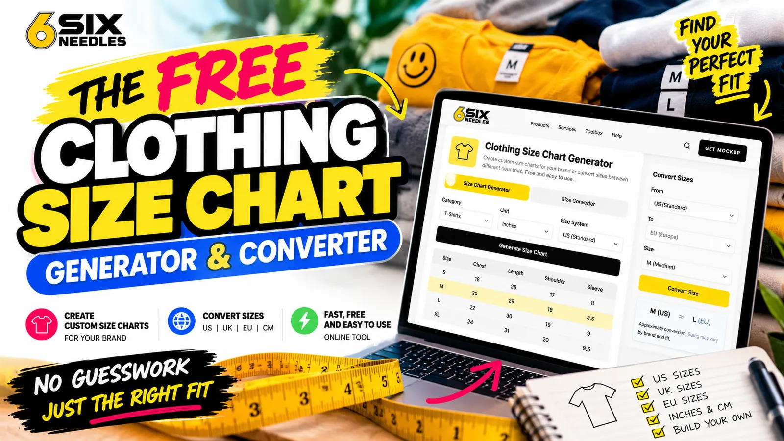 Free clothing size chart generator and converter with a laptop, labeled clothing, and a measuring tape | 6Six Needles