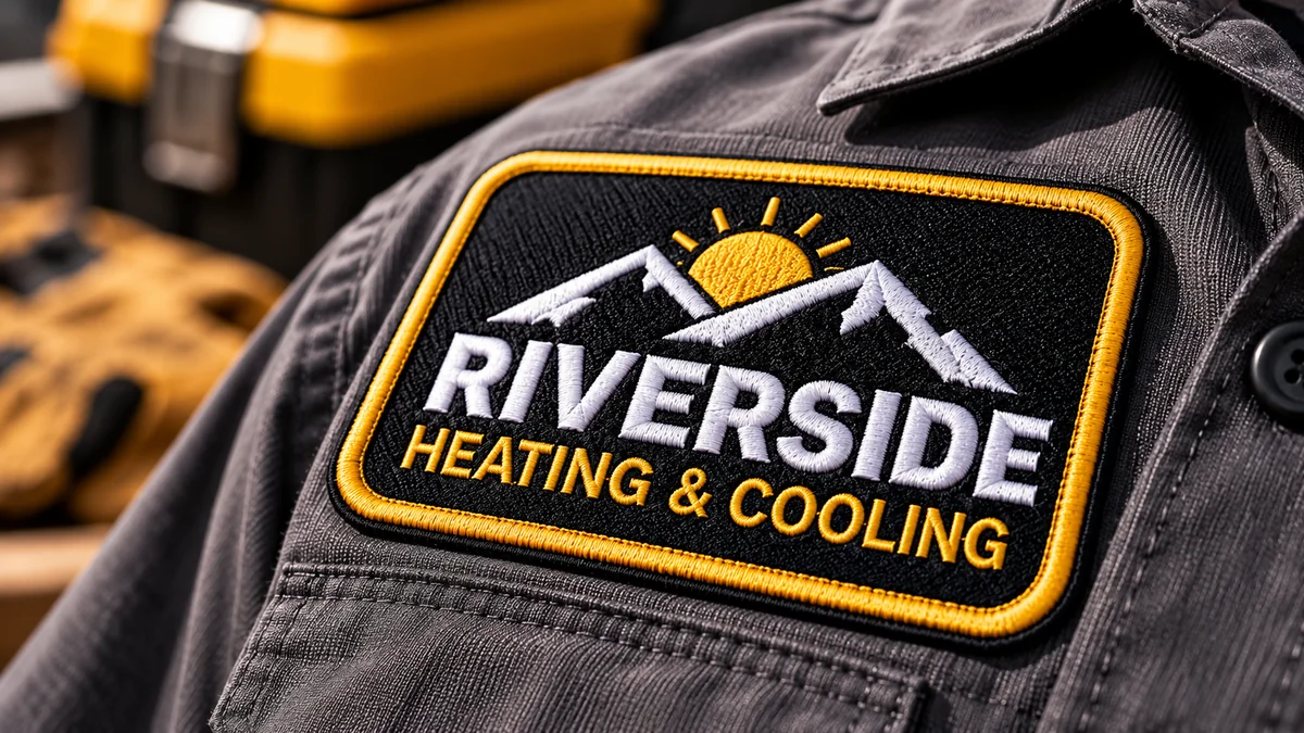 Close-up of a custom embroidered company logo patch with detailed stitching