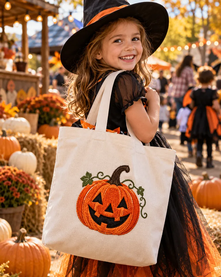 Pumpkin patch tote bag at a Halloween fall festival