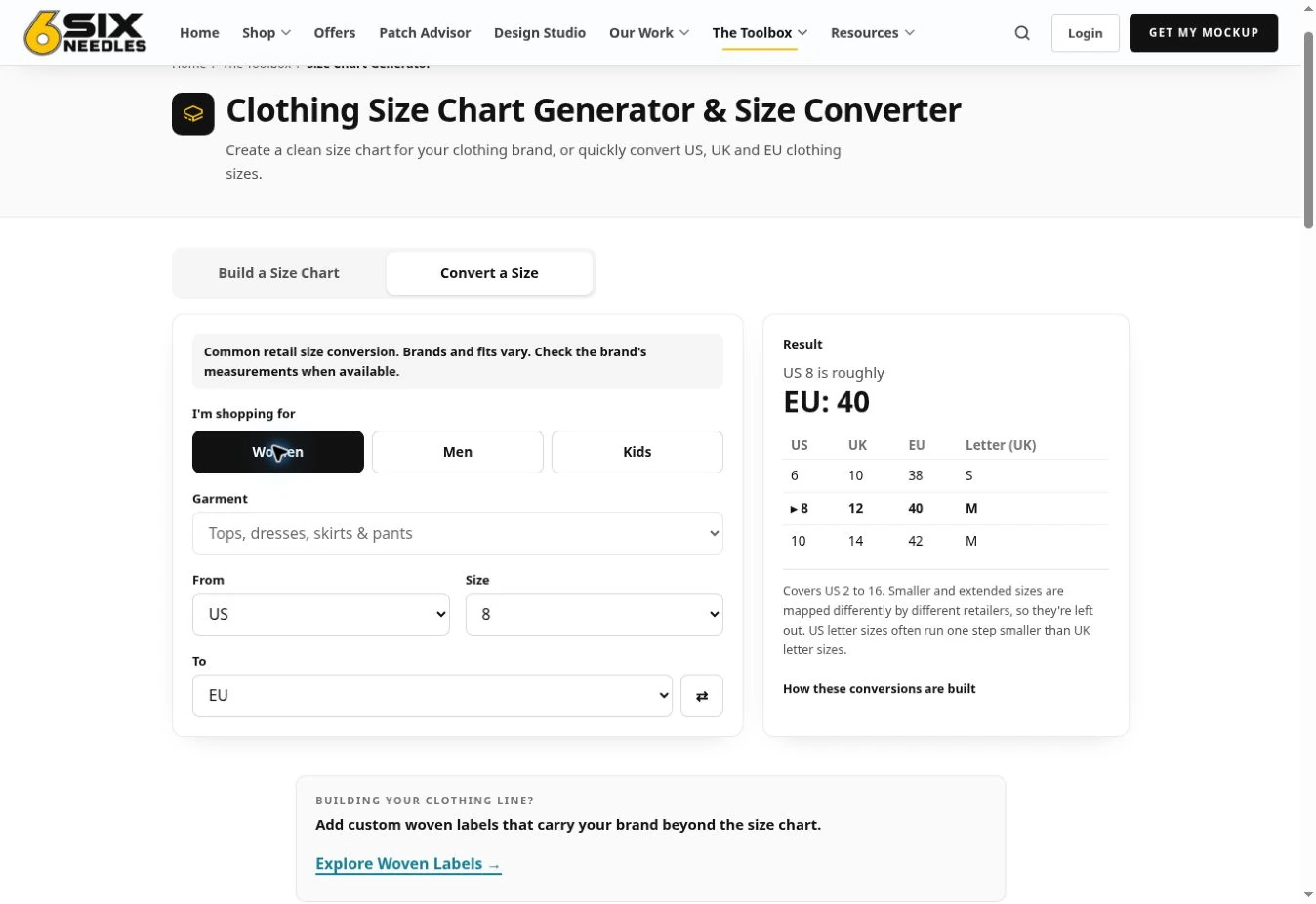 Live women’s clothing size converter showing US 8 as roughly EU 40, with UK 12 in the nearby-size table.