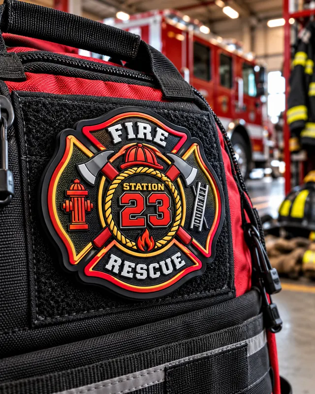 Raised PVC Station 23 Fire Rescue patch in red, black and gold on the hook-and-loop panel of a firefighter gear bag