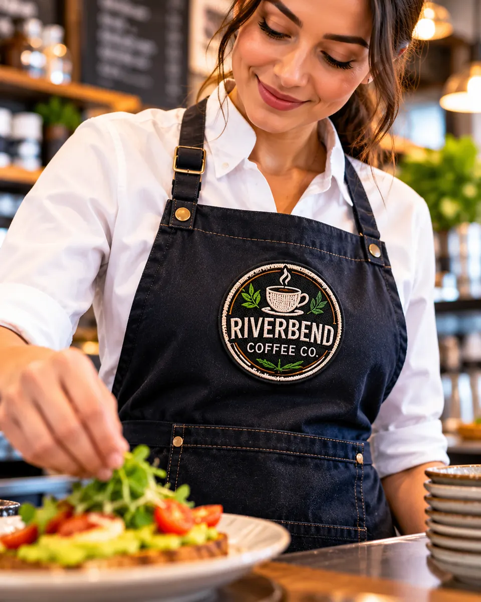Server in a canvas bib apron with an embroidered Riverbend Coffee Co. logo patch, plating food at a cafe counter