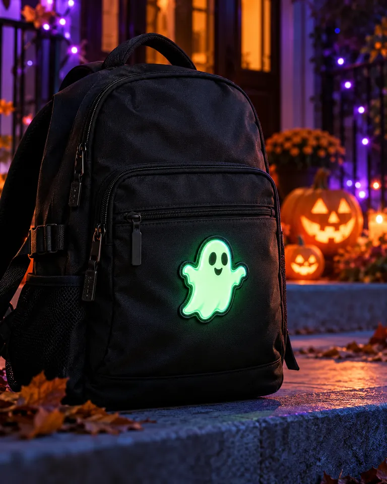 Black backpack with glowing Halloween ghost patch outdoors at night
