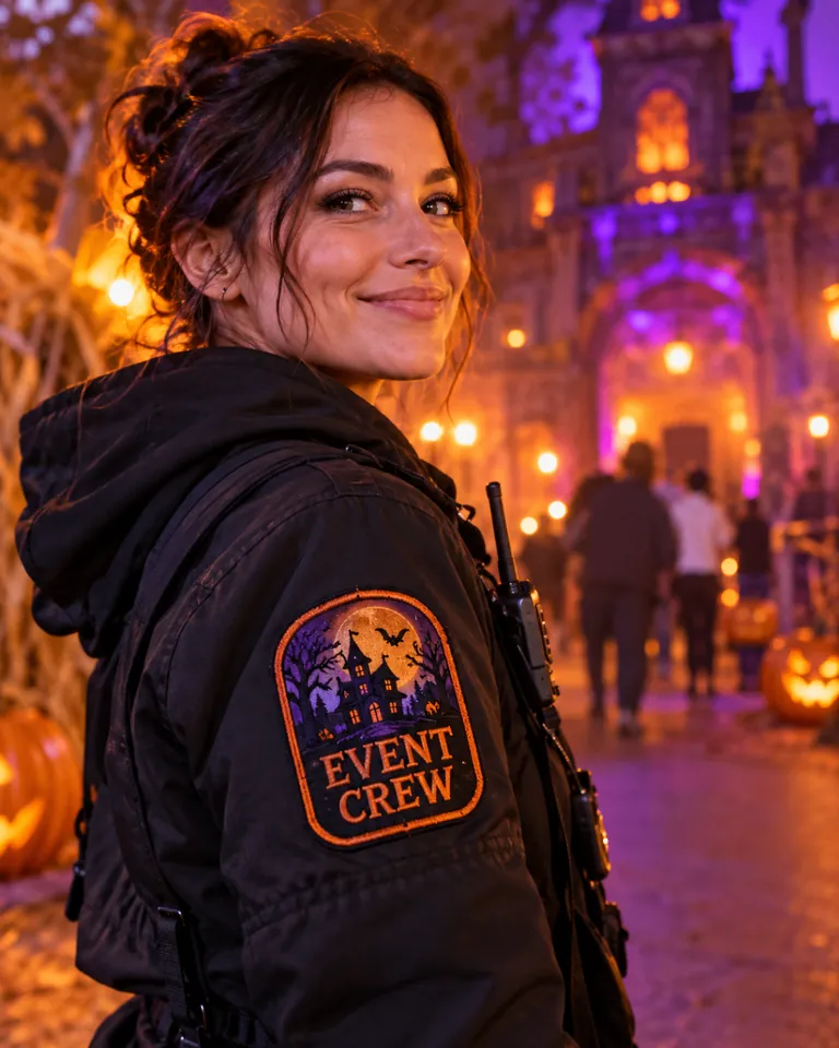 Halloween event crew member wearing custom seasonal event patch