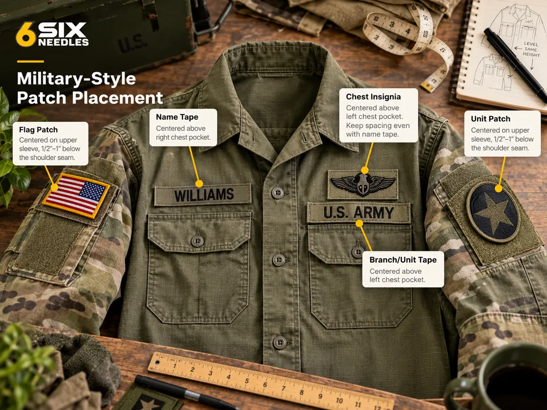 Military-style shirt showing flag patch, unit patch, name tape, branch tape and chest insignia positions