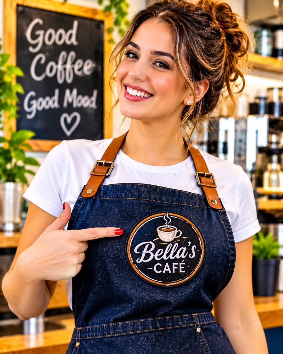 Barista pointing to an embroidered Bella's Cafe coffee cup logo patch on her denim bib apron