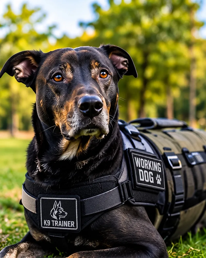 Illustrative black working dog wearing K9 TRAINER and WORKING DOG patches on a green tactical harness