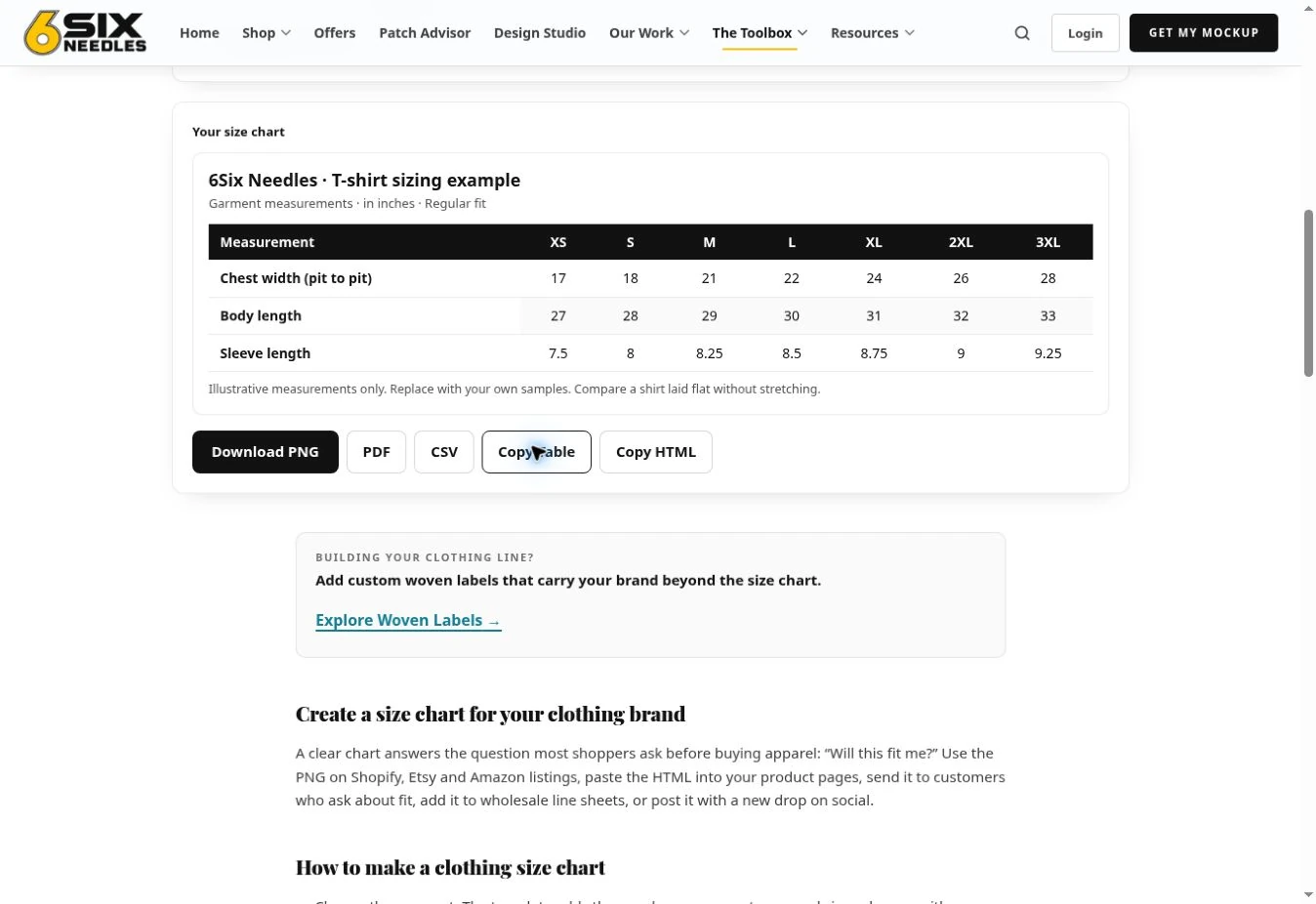 T-shirt example chart created in the live tool with garment measurements in inches, a regular-fit label, and export controls.