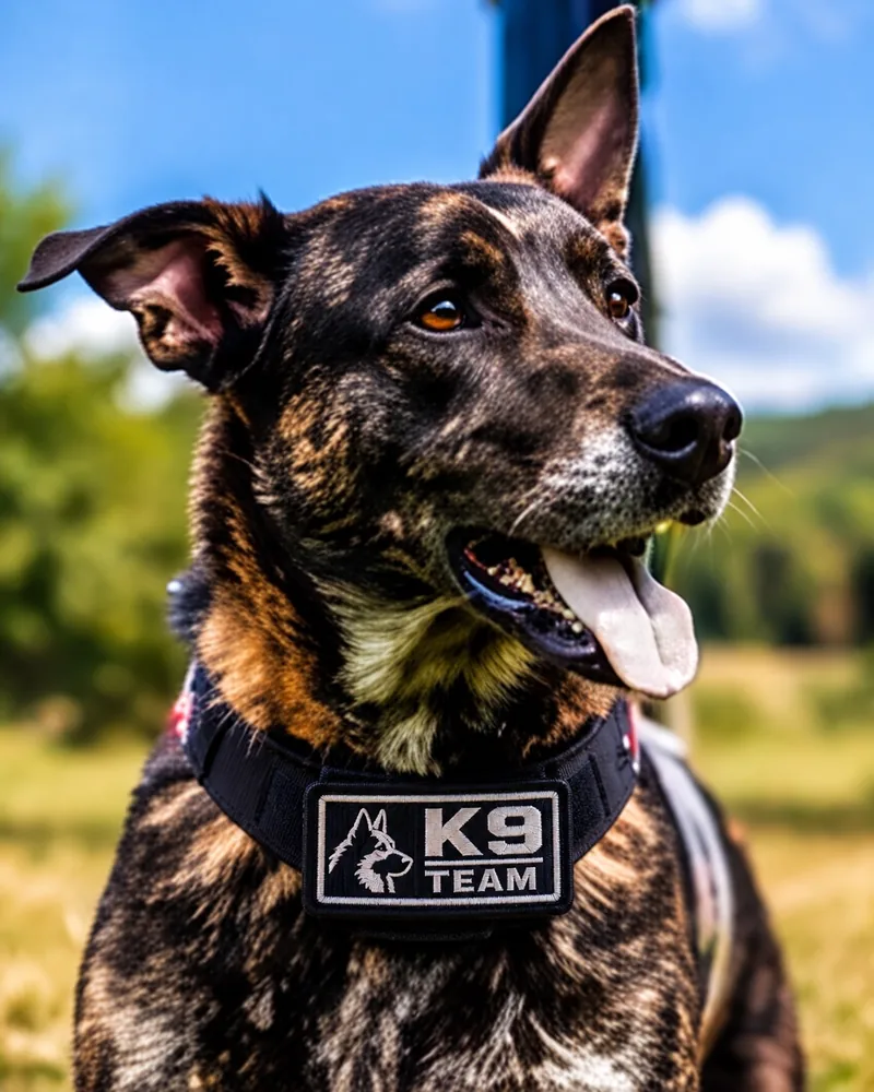 Illustrative black-and-brindle working dog outdoors wearing a K9 TEAM patch on its harness