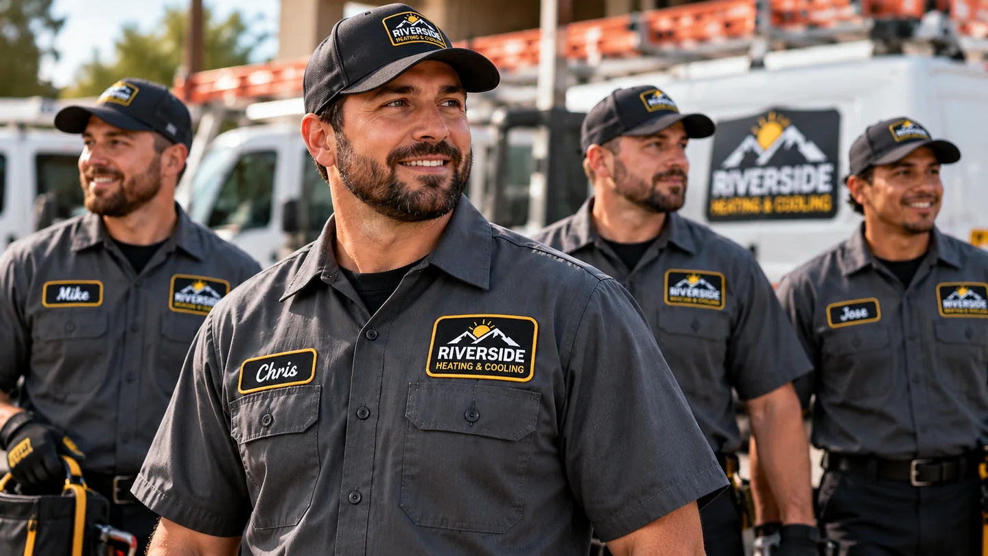 HVAC service team wearing custom embroidered company logo patches on work uniforms
