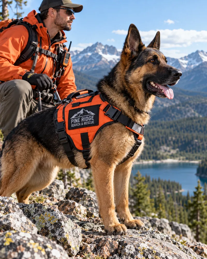 Illustrative German Shepherd search-and-rescue dog on a mountain with an orange Pine Ridge harness patch