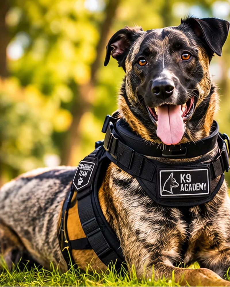 Illustrative brindle working dog with K9 ACADEMY and TRAINING TEAM patches on a black harness