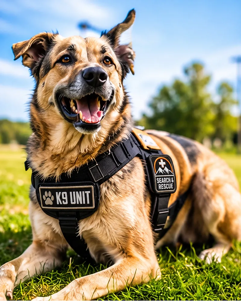 Illustrative tan working dog wearing a black K9 UNIT patch and a search-and-rescue emblem