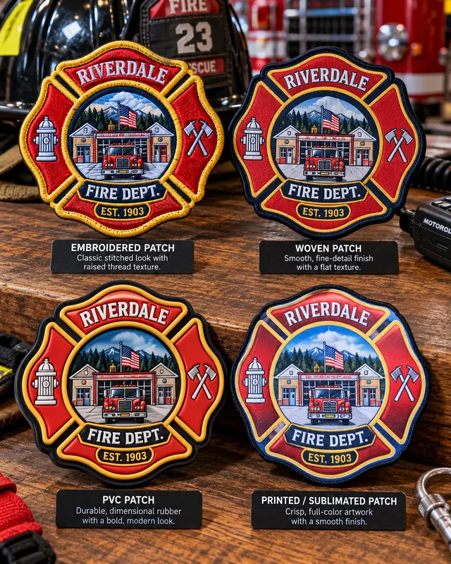 The same Riverdale Fire Dept. emblem made as an embroidered, woven, PVC and printed sublimated patch, each labeled with its finish