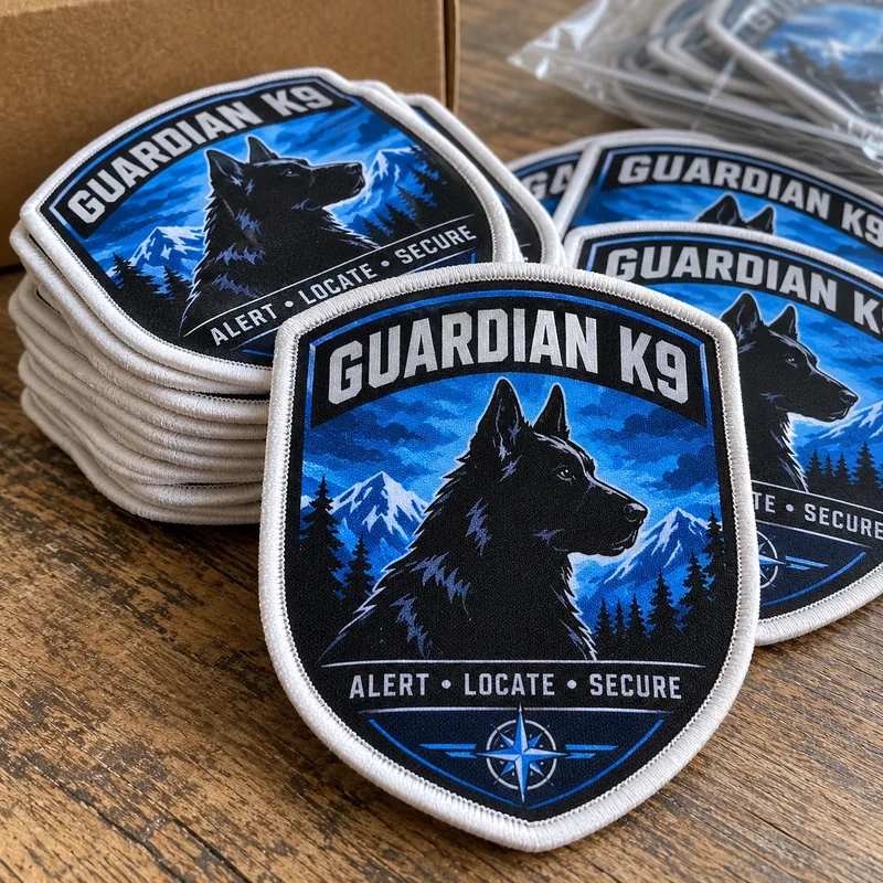 Illustrative blue Guardian K9 shield patches with detailed printed-style dog artwork and thick white stitched borders