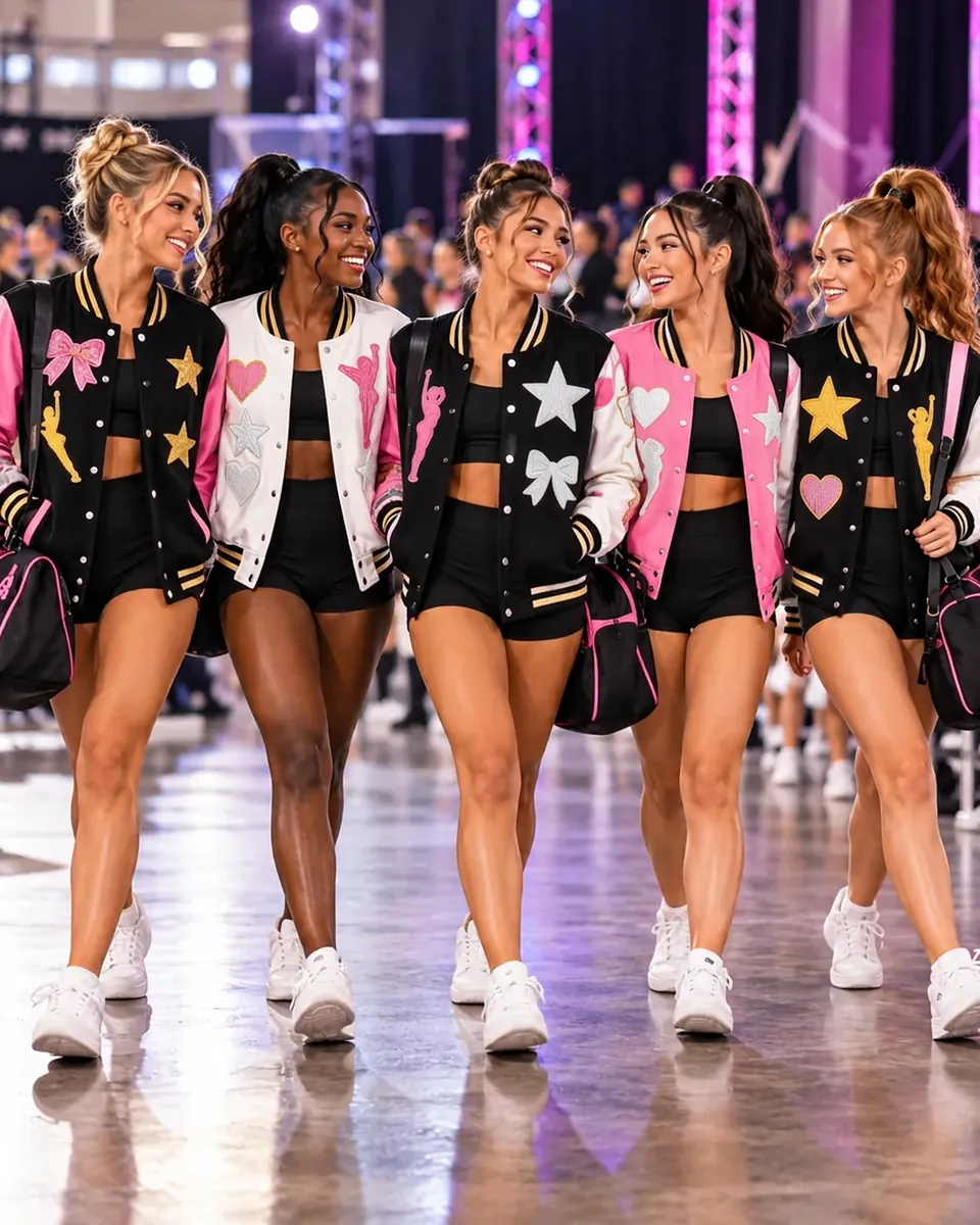 Dance team walking into a competition venue in coordinated black, white and pink varsity jackets