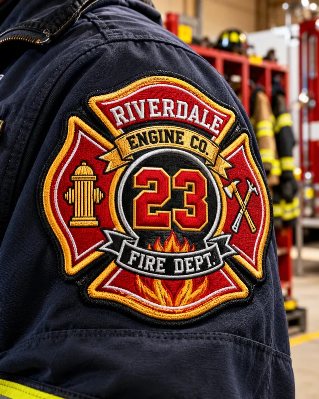 Embroidered Riverdale Engine Co. 23 fire department patch with gold merrowed border, hydrant and crossed axes, sewn on a navy firefighter jacket sleeve