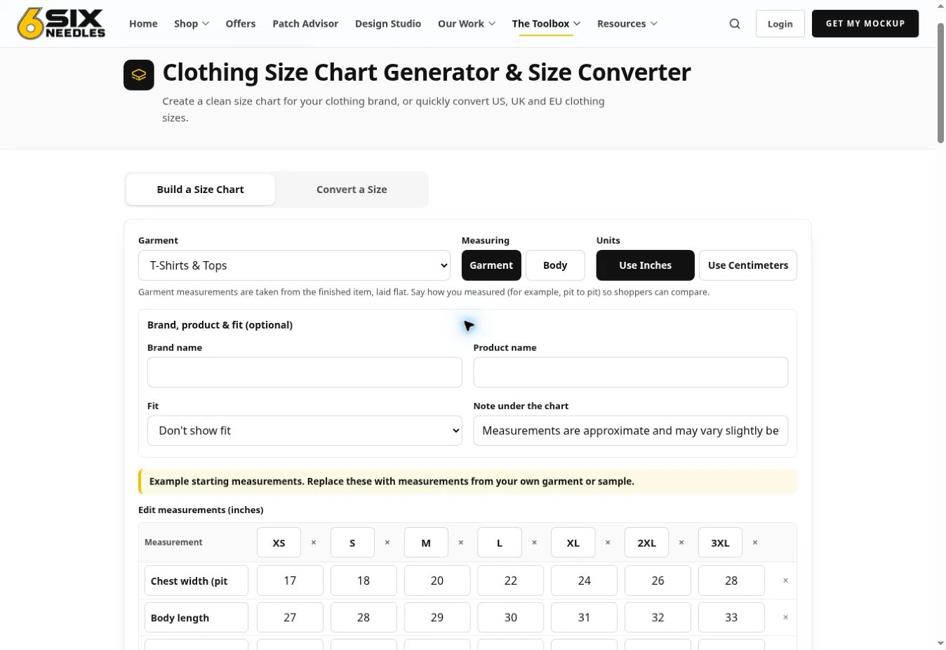 6Six Needles clothing size chart builder with T-shirt template, measurement type, units, and chart editor.