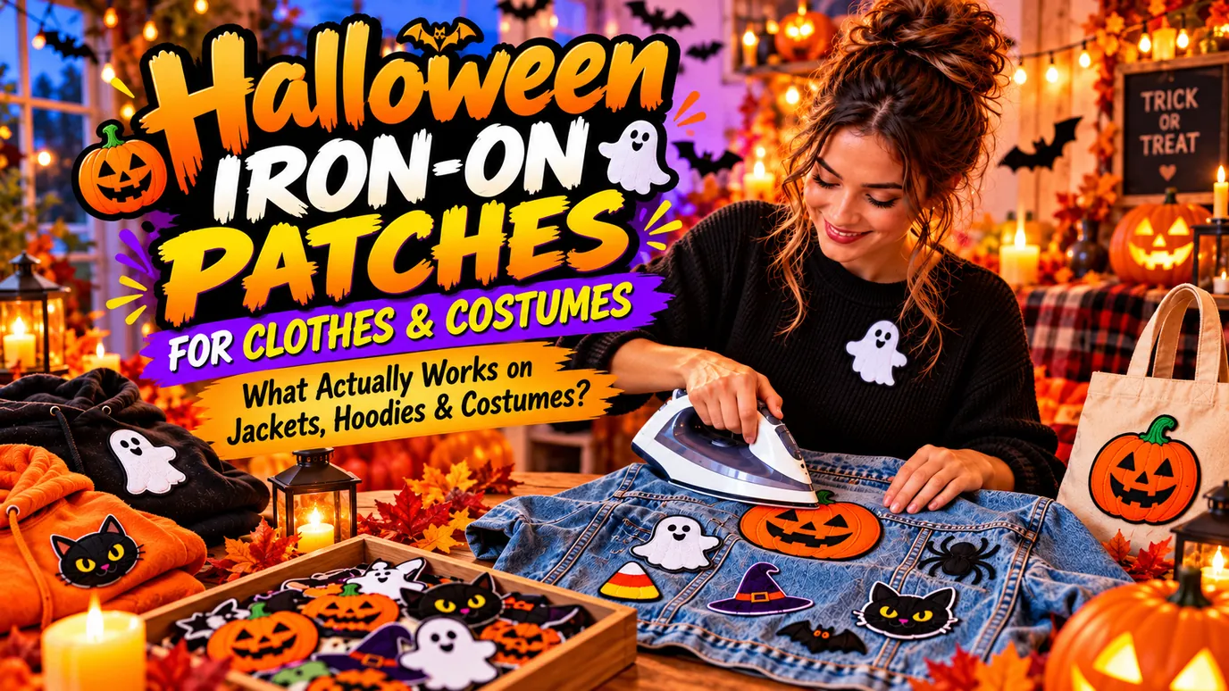 Halloween iron-on patches for clothes and costumes: denim jacket with pumpkin, ghost and black-cat patches | 6Six Needles