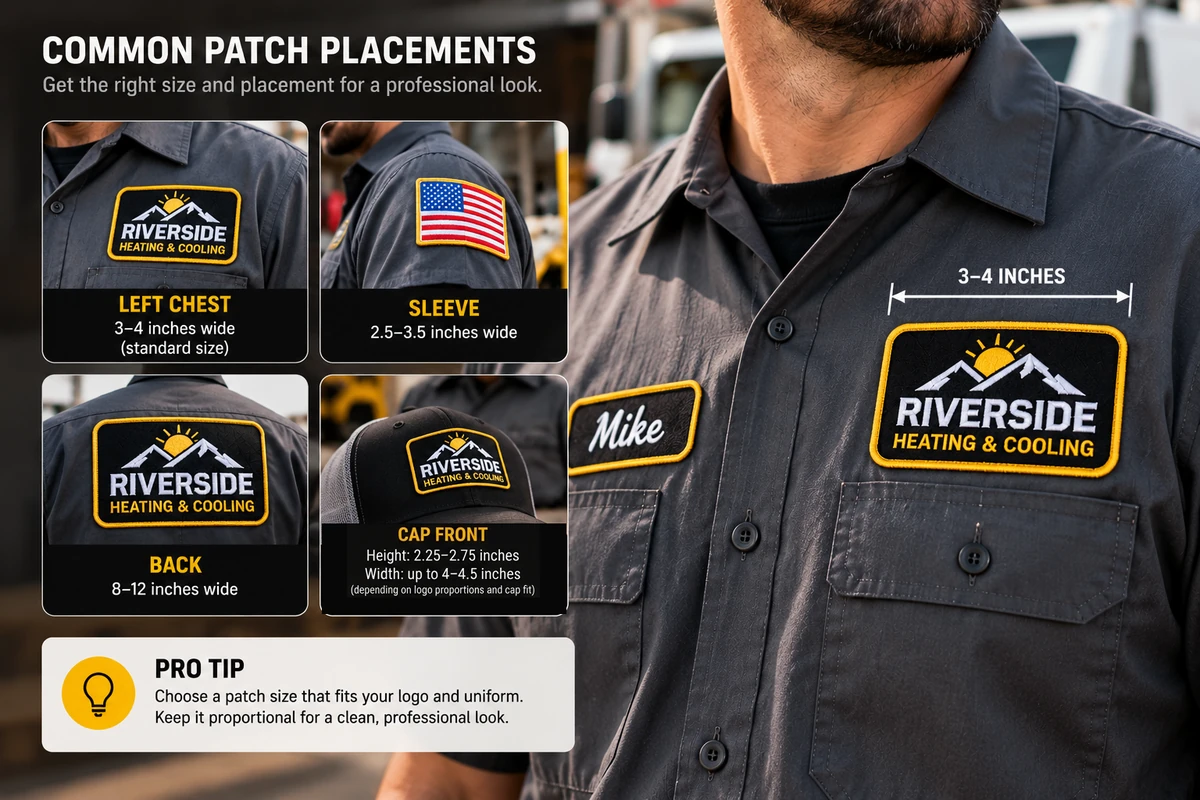 Custom uniform patch placement guide for chest sleeves back and cap front