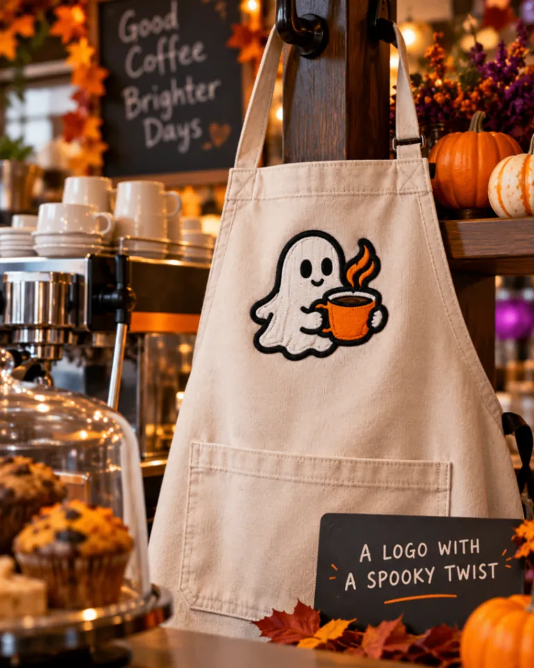 Custom Halloween ghost coffee patch on apron in a cozy café display