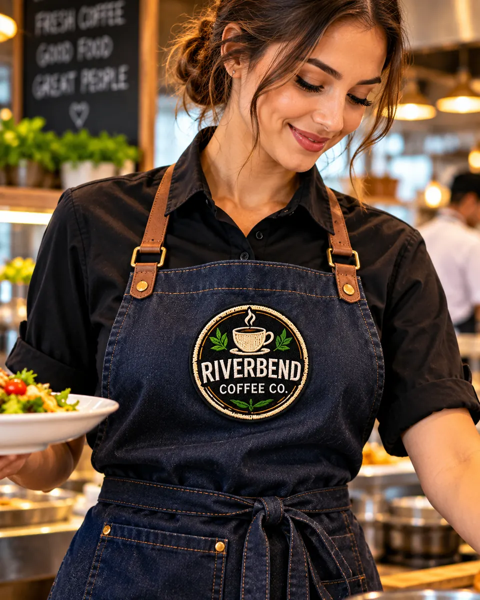 Round embroidered coffee shop logo patch placed high on a denim bib apron, clear of the straps and waist pocket