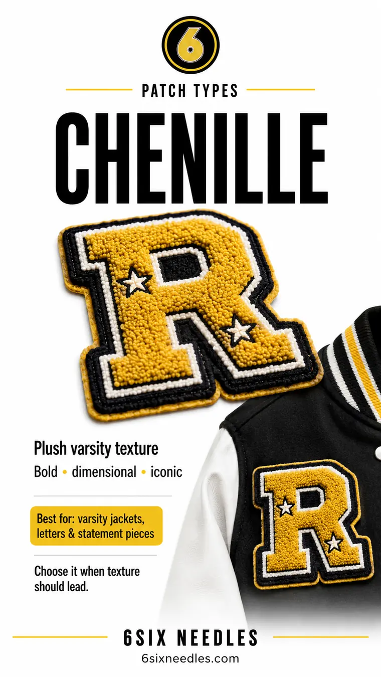 Chenille custom patch example from 6Six Needles, a plush varsity letter R shown on a letterman jacket
