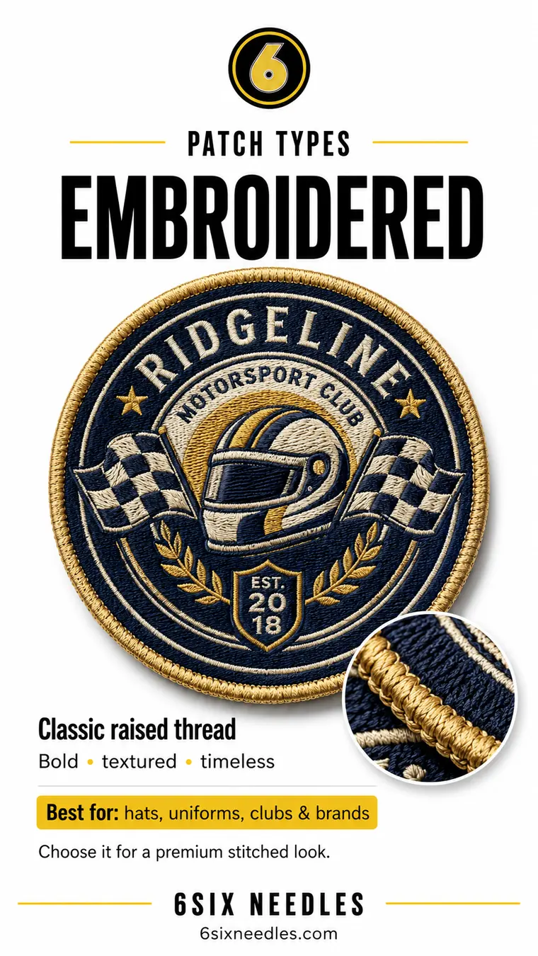 Custom embroidered patch with raised thread texture on fabric