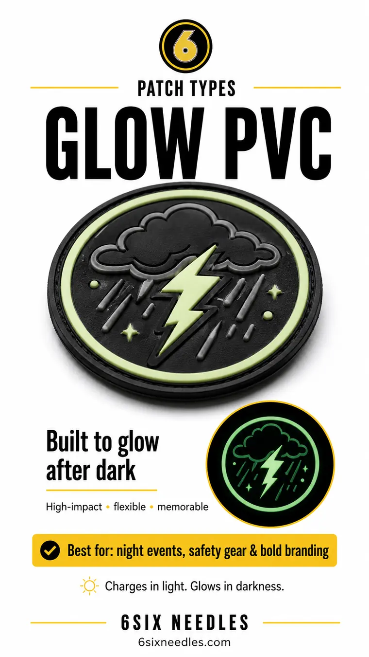 Glow in the dark PVC custom patch from 6Six Needles, a storm cloud design shown glowing in low light